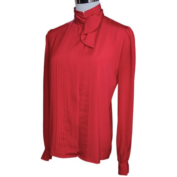 VINTAGE High Neck‎ Blouse Top 6 Pin Tucks Tie Red Dressy Career Office Holiday - Picture 1 of 9
